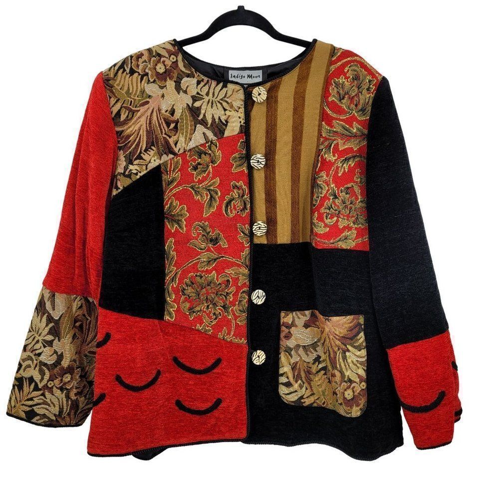 Vintage 80's Indigo Moon‎ Blazer Jacket Multimedia Patchwork Jacquard Red 1X